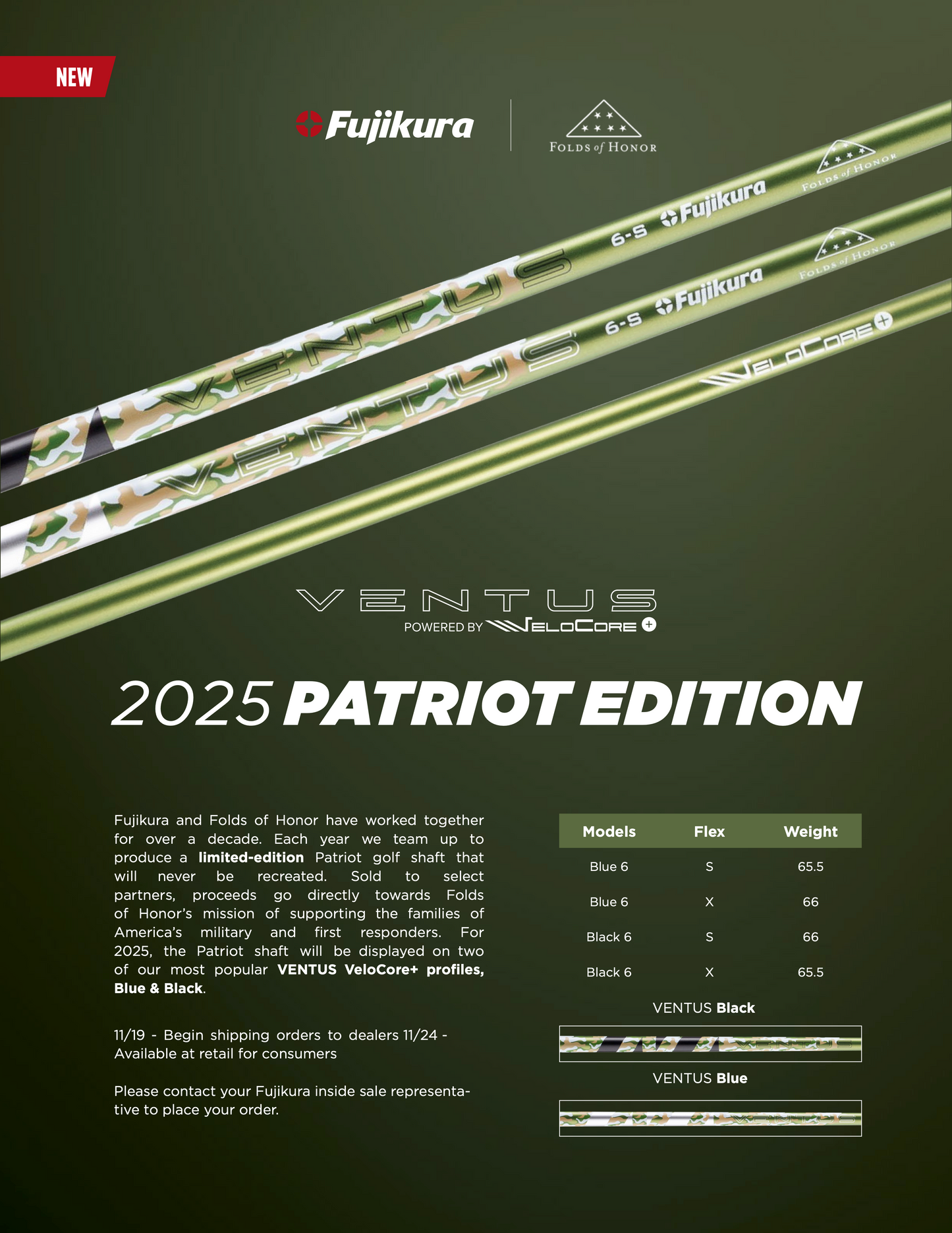 Fujikura Ventus 2025 Folds of Honor with Velocore + Wood Shaft